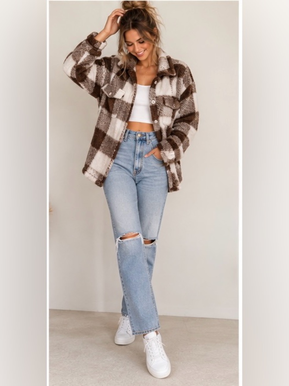 Cozy Plaid Faux Fur Teddy Jacket in Brown & Cream